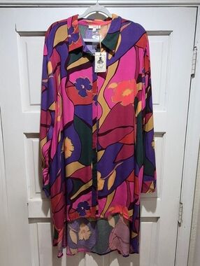 Easel Los Angeles Colorful Floral Hi-Low Shirt Dress Boho Tunic L NWT